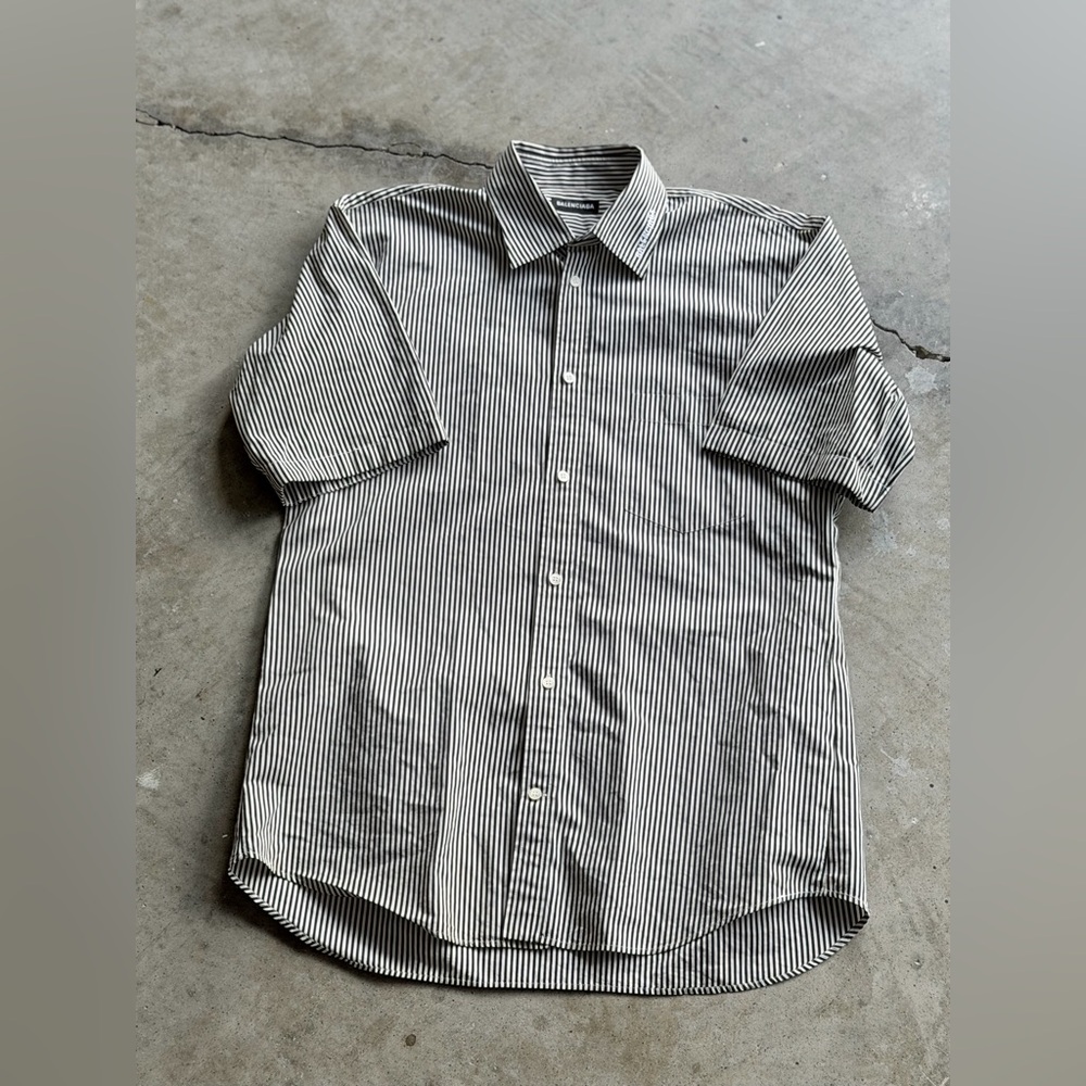 Balenciaga Blue & White Vertical Stripe Short-Sleeve Button-Down Shirt